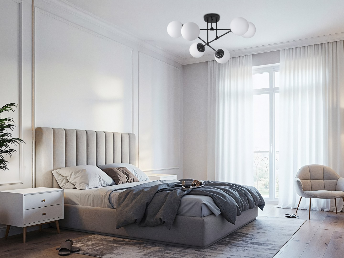 Lampa sufitowa Fino 6 z sześcioma białymi kloszami LED oświetlająca jasną, nowoczesną sypialnię z dużym łóżkiem.