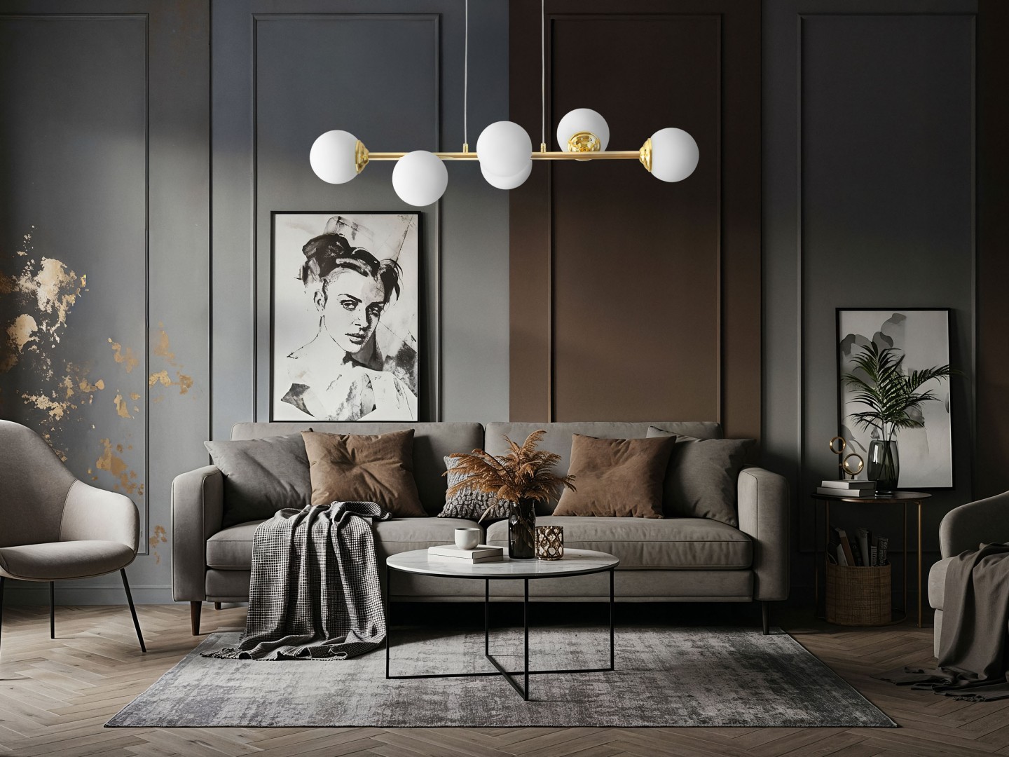 Lampa sufitowa złoto klasyczne białe kule Fino 6 led w salonie glamour
