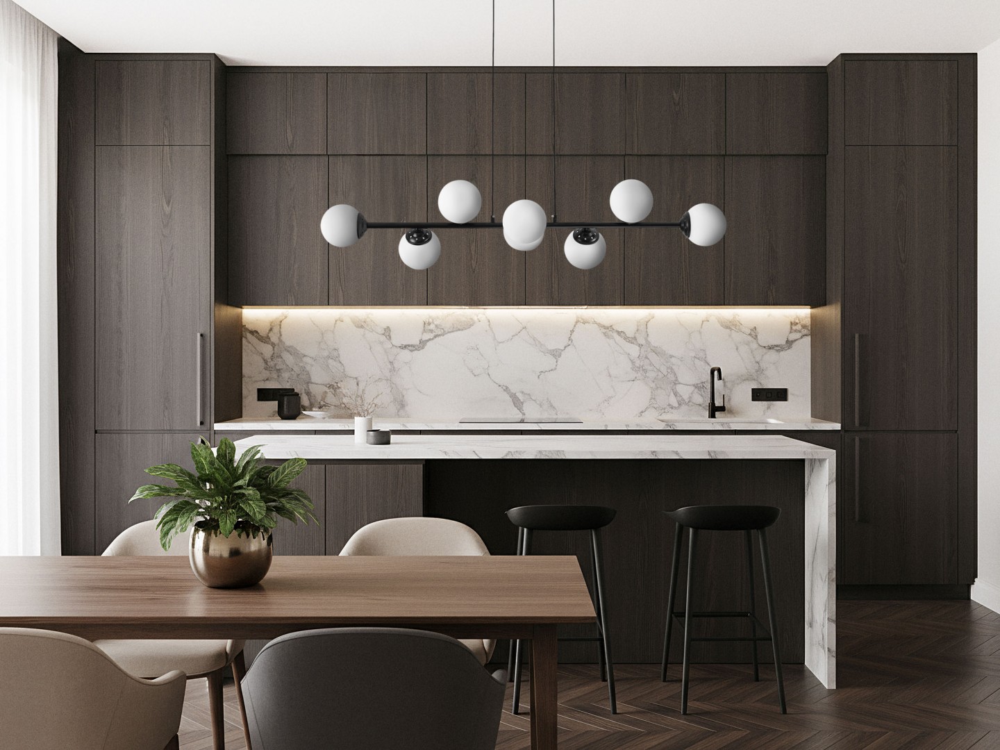 Nowoczesna lampa w czarnym macie z ośmioma kulistymi, mlecznymi kloszami, elegancko wyeksponowana w minimalistycznym wnętrzu