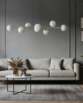 LAMPA WISZĄCA SUFITOWA ŻYRANDOL NOWOCZESNA ZŁOTO SZCZOTKOWANE BIAŁE KULE FINO 8 LED