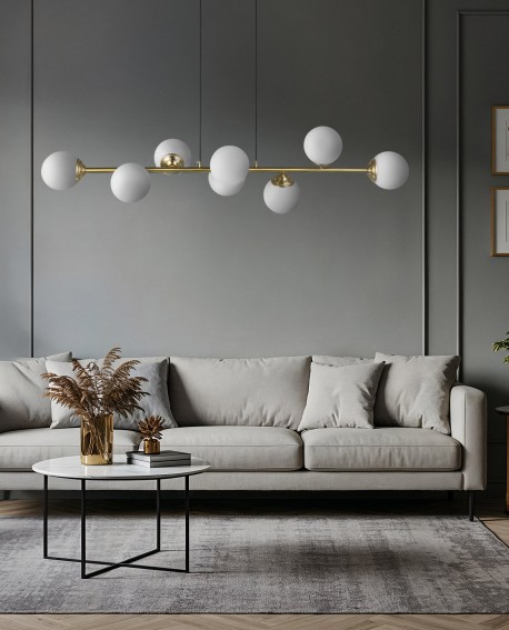 LAMPA WISZĄCA SUFITOWA ŻYRANDOL NOWOCZESNA ZŁOTO SZCZOTKOWANE BIAŁE KULE FINO 8 LED