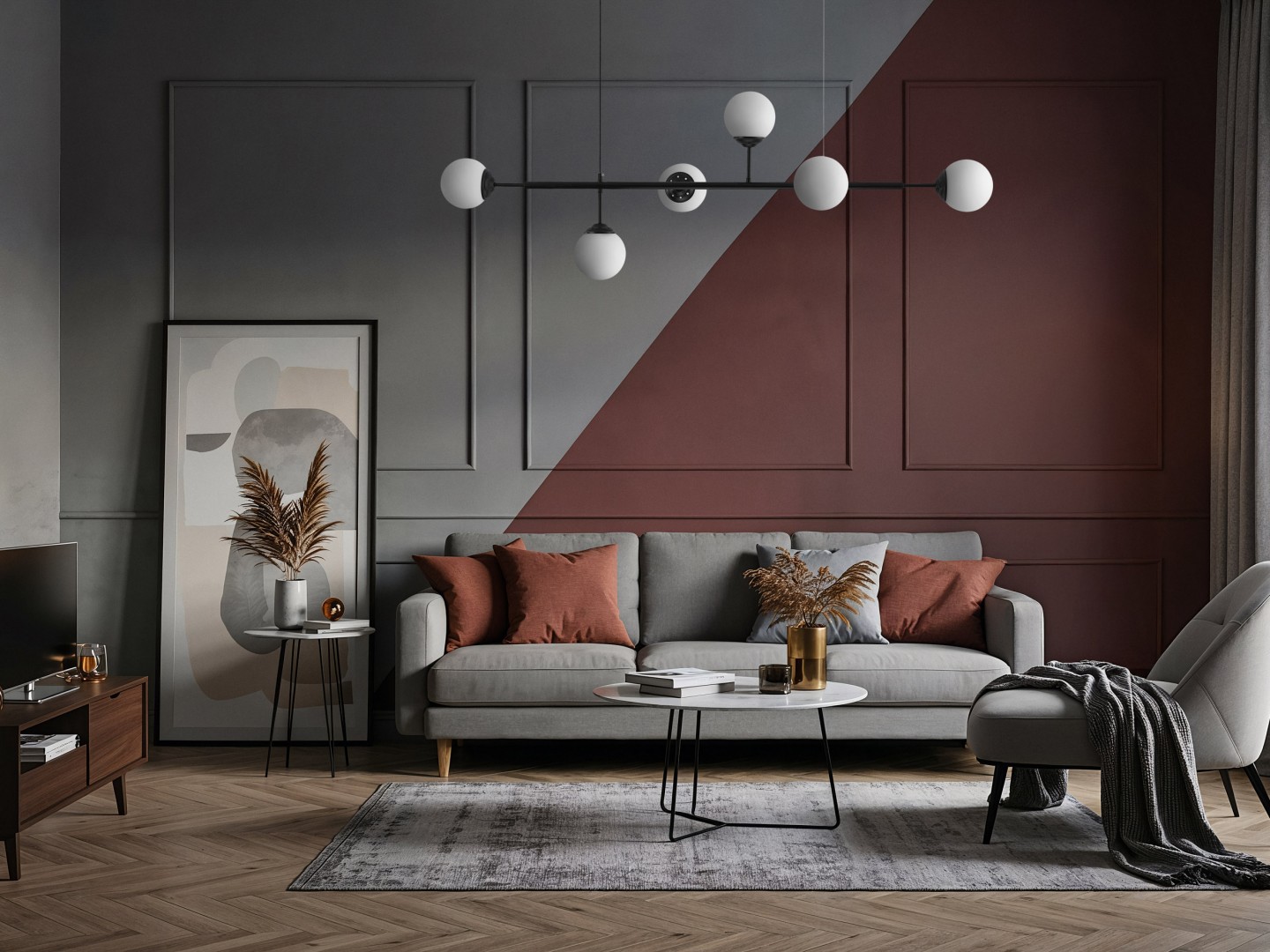 Nowoczesna czarna lampa wisząca z sześcioma kulami w eleganckim salonie z geometryczną ścianą i szarą sofą.