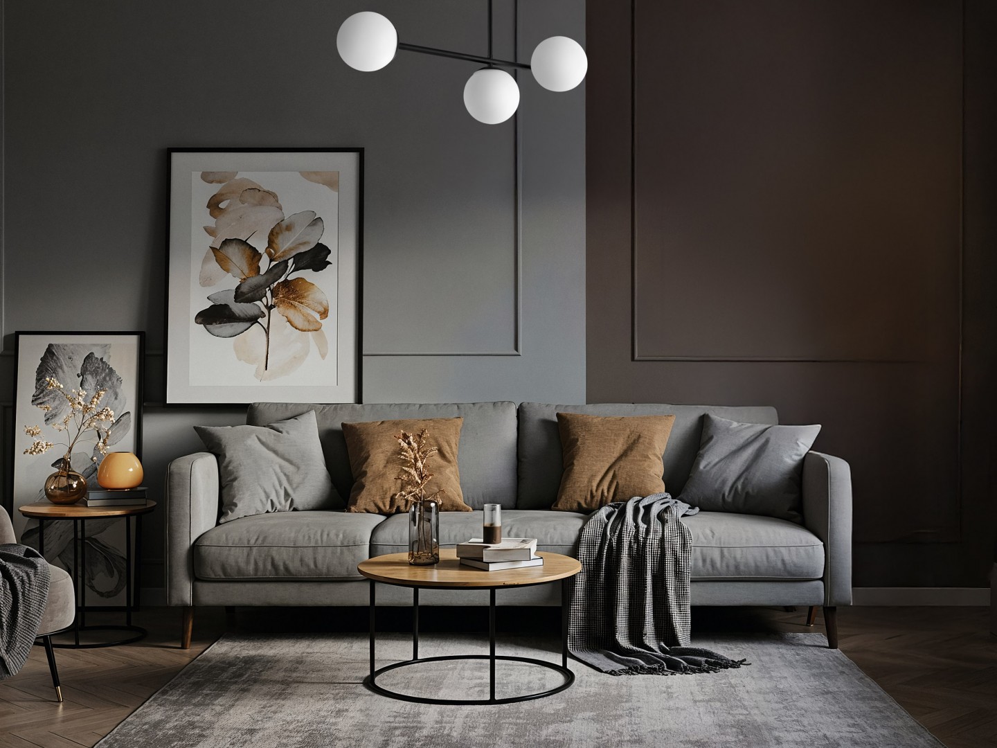 Czarna lampa sufitowa z mlecznymi kloszami w stylu modern loft, zawieszona nad eleganckim salonem w odcieniach szarości.