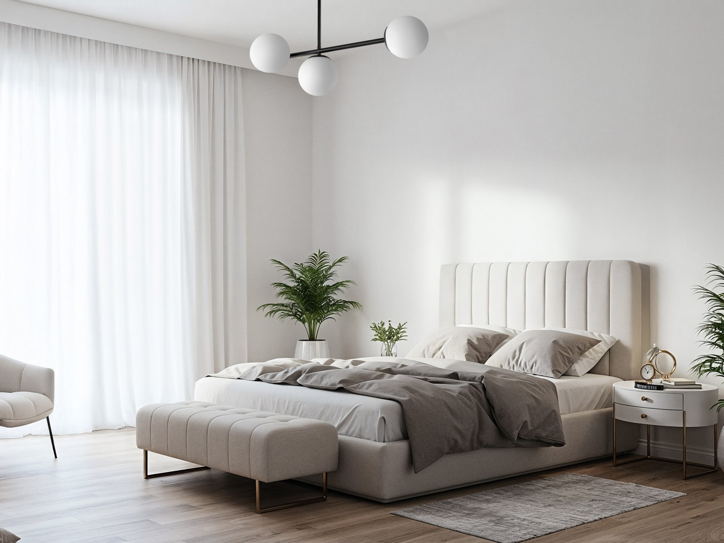 Czarna, nowoczesna lampa sufitowa z trzema mlecznobiałymi kulami w stylu modern i minimalistycznym