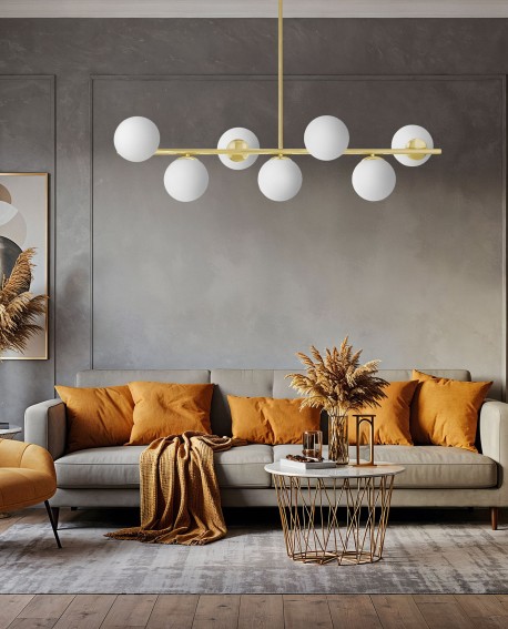 LAMPA WISZĄCA SUFITOWA NOWOCZESNA ZŁOTO KLASYCZNE BIAŁE KULE FREDICA 7 LUMINA DECO