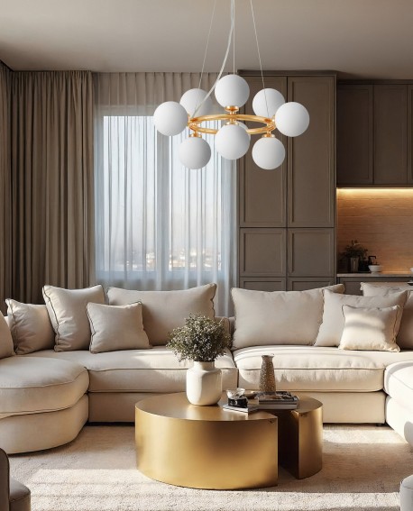 LAMPA WISZĄCA NOWOCZESNA ZŁOTA BIAŁE KULE MARSIADA 9 LUMINA DECO