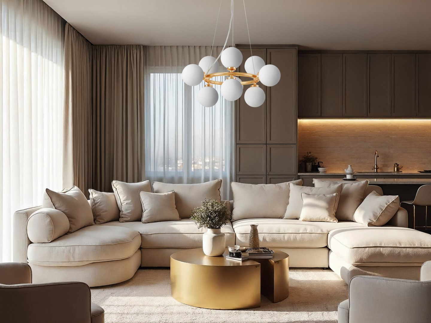 LAMPA WISZĄCA NOWOCZESNA ZŁOTA BIAŁE KULE MARSIADA 9 LUMINA DECO