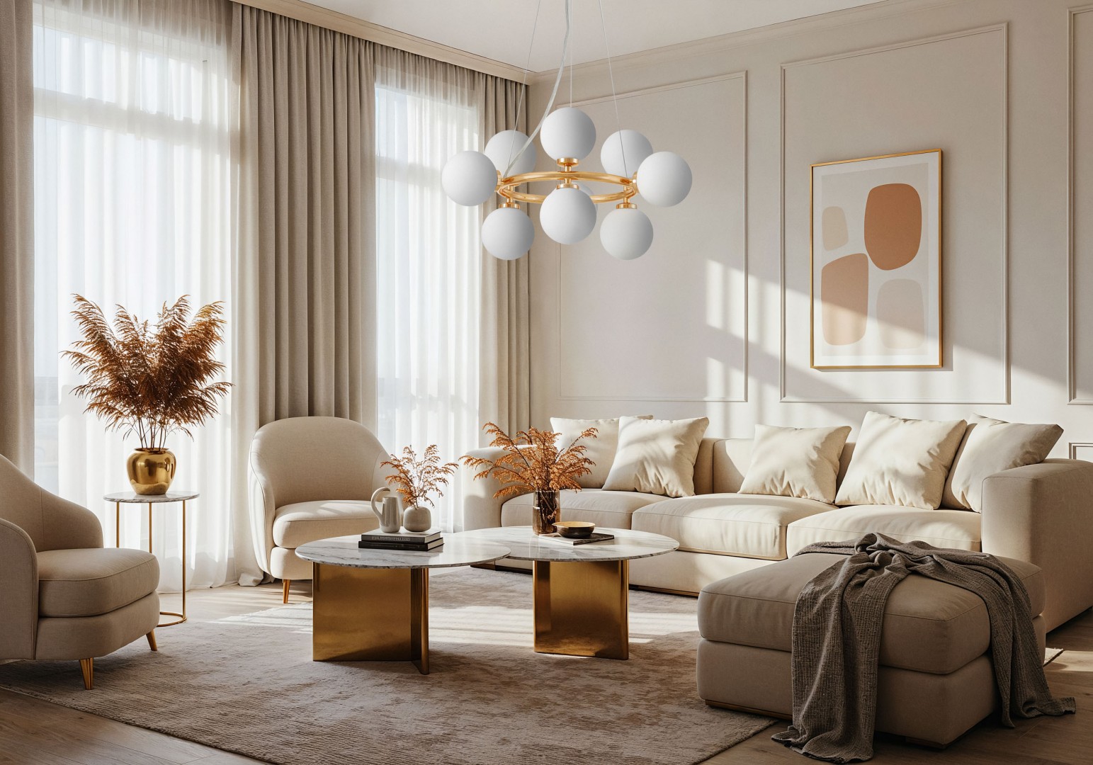 LAMPA WISZĄCA NOWOCZESNA ZŁOTA BIAŁE KULE MARSIADA 9 LUMINA DECO