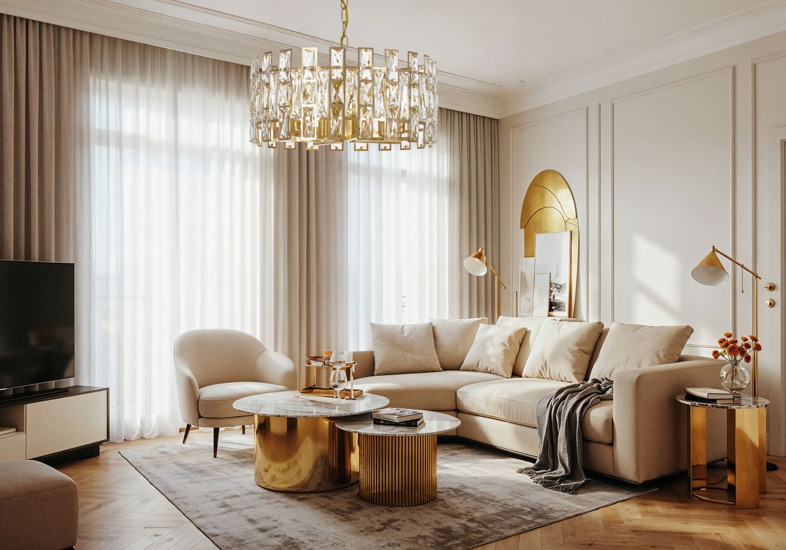 żyrandol kryształowy złoty fiorina d50 lumina deco w salonie aranżacja