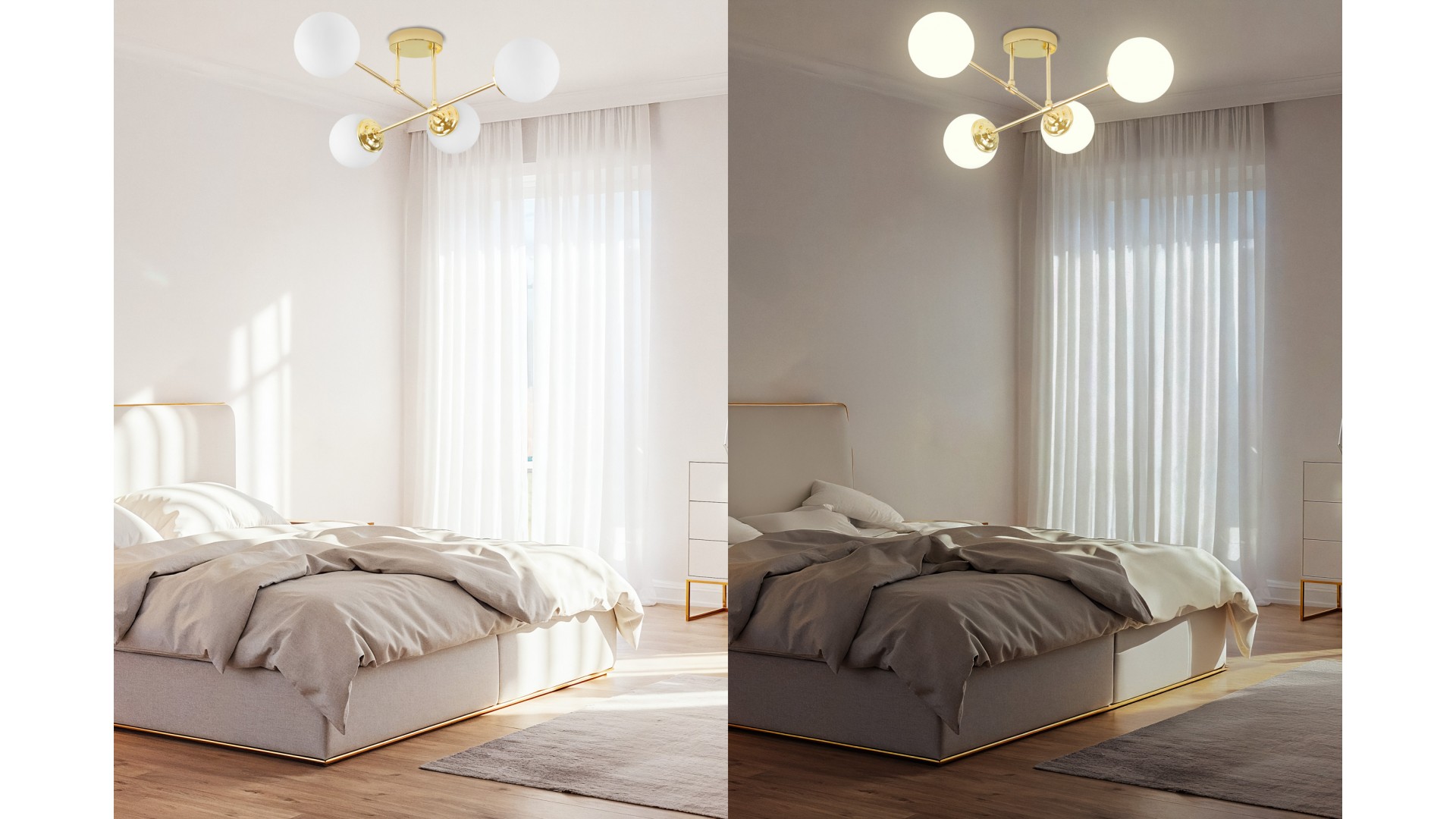 Lampa sufitowa Fino 4 złoto w sypialni, subtelne oświetlenie nowoczesnego wnętrza