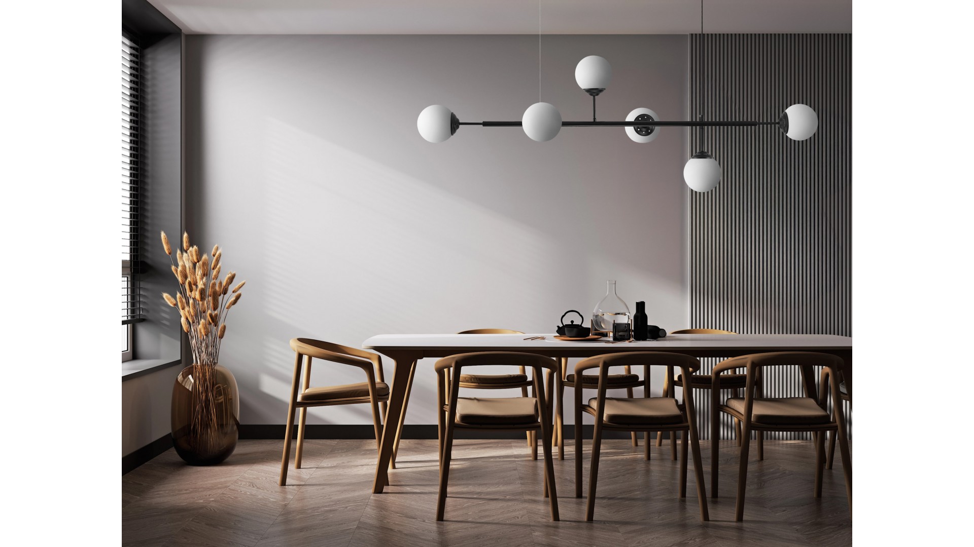 Lampa wisząca liniowa z matowymi kulami, czarna nowoczesna lampa nad stół do jadalni w stylu loft i modern.