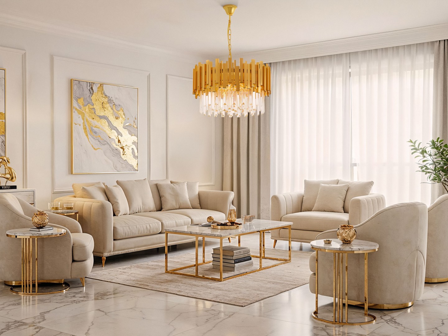 Lampa wisząca z kryształowymi detalami w eleganckim salonie – nowoczesne oświetlenie z złotym akcentem.