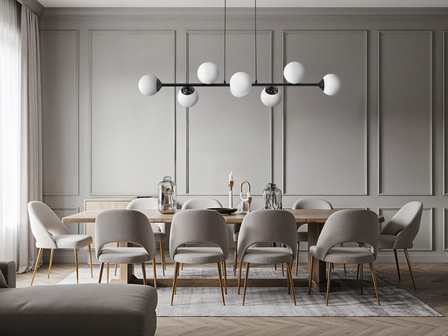 Nowoczesna lampa sufitowa Fino w stylu loft i glamour – czarna metalowa konstrukcja z siedmioma mlecznobiałymi kloszami