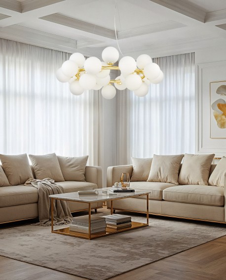 LAMPA WISZĄCA NOWOCZESNA ZŁOTO KLASYCZNE BIAŁE KULE MARSIADA 25 LUMINA DECO