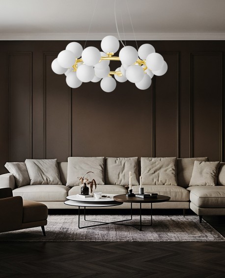 LAMPA WISZĄCA NOWOCZESNA ZŁOTO KLASYCZNE BIAŁE KULE MARSIADA 25 LUMINA DECO