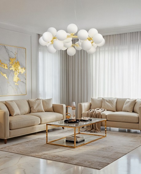 LAMPA WISZĄCA NOWOCZESNA ZŁOTO KLASYCZNE BIAŁE KULE MARSIADA 25 LUMINA DECO