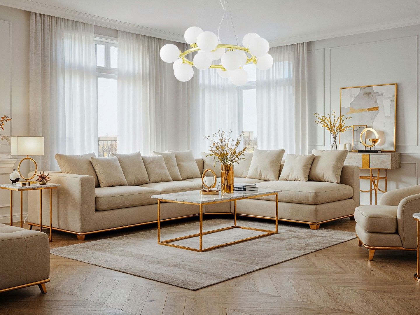 Lampa wisząca Marsiada 15 złota z białymi kulami nad stołem, eleganckie oświetlenie jadalni w jasnych wnętrzach