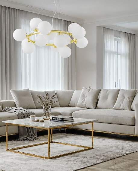 LAMPA WISZĄCA NOWOCZESNA ZŁOTO KLASYCZNE BIAŁE KULE MARSIADA 15 LUMINA DECO