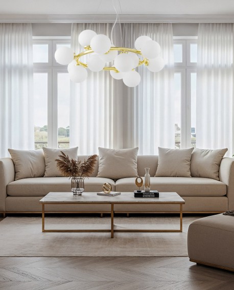LAMPA WISZĄCA NOWOCZESNA ZŁOTO KLASYCZNE BIAŁE KULE MARSIADA 15 LUMINA DECO