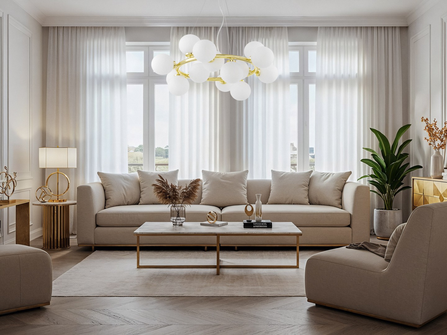 Lampa wisząca Marsiada 15 złota z białymi kulami nad sofą, nowoczesne dekoracyjne oświetlenie