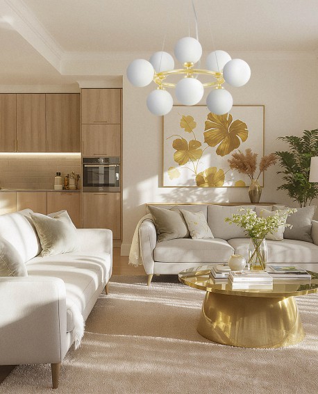 LAMPA WISZĄCA NOWOCZESNA ZŁOTO KLASYCZNE BIAŁE KULE MARSIADA 9 LUMINA DECO