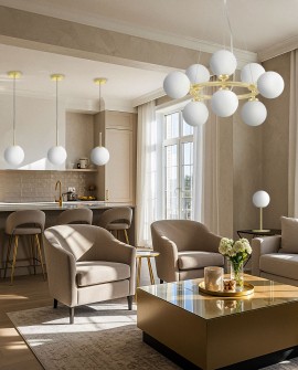 LAMPA WISZĄCA NOWOCZESNA ZŁOTO KLASYCZNE BIAŁE KULE MARSIADA 9 LUMINA DECO