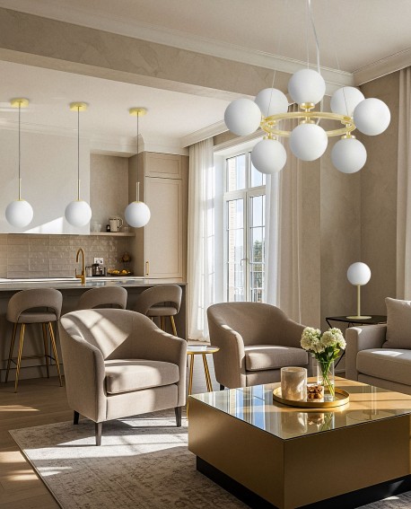 LAMPA WISZĄCA NOWOCZESNA ZŁOTO KLASYCZNE BIAŁE KULE MARSIADA 9 LUMINA DECO