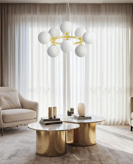 LAMPA WISZĄCA NOWOCZESNA ZŁOTO KLASYCZNE BIAŁE KULE MARSIADA 9 LUMINA DECO