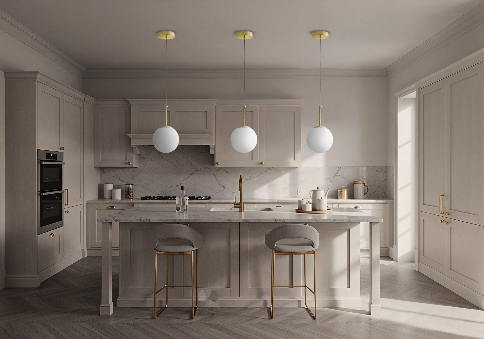 Lampa Fredica 15 Lumina Deco, złote wykończenie, białe kule w nowoczesnej aranżacji salonu