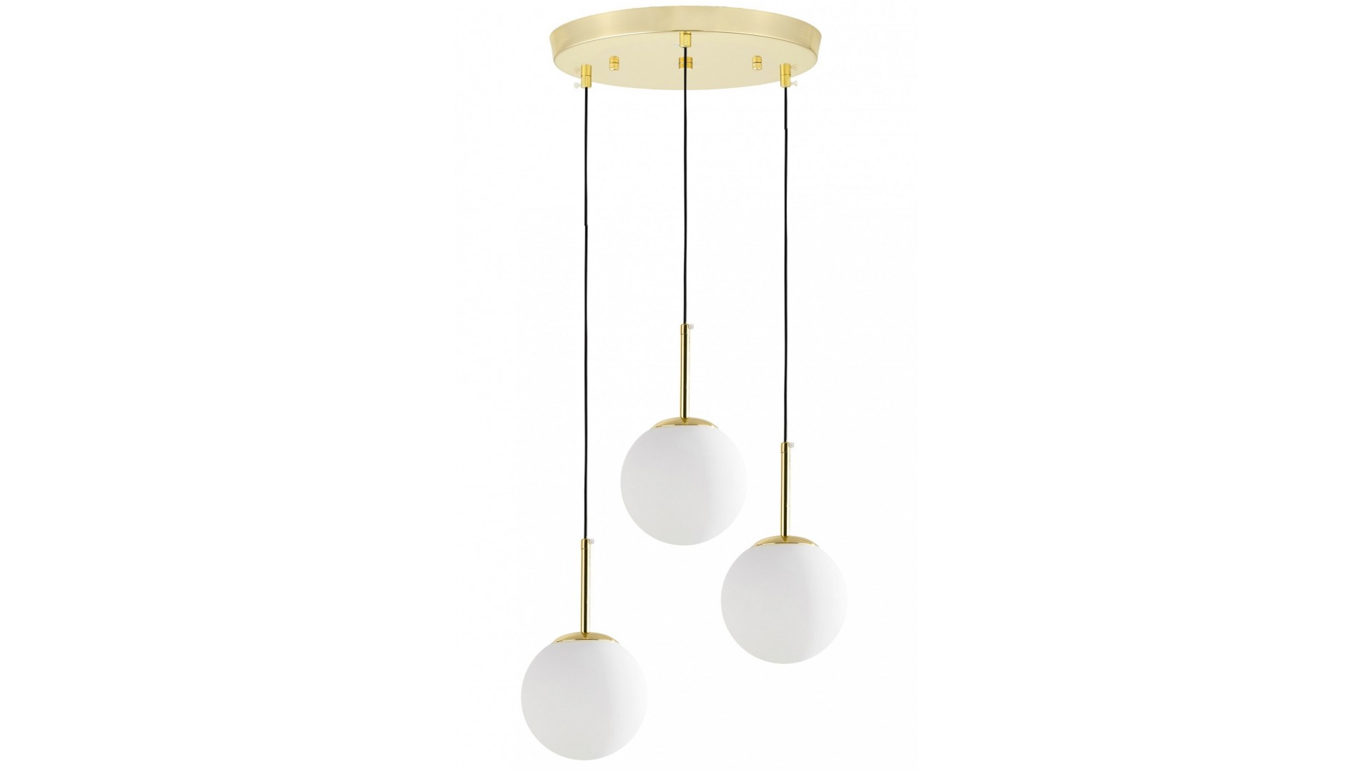 Lampa wisząca z okrągłą złotą podsufitką i trzema mlecznymi kloszami Fredica W3