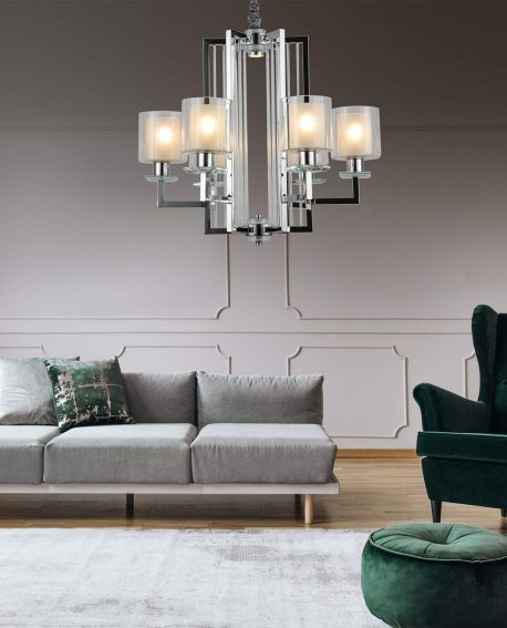 aranżacja salonu z lampą Manhattan chrom zawieszoną nad stolikiem Lumina Deco
