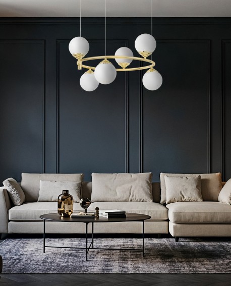 LAMPA WISZĄCA SUFITOWA ŻYRANDOL NOWOCZESNA ZŁOTO KLASYCZNE BIAŁE KULE FINO 6