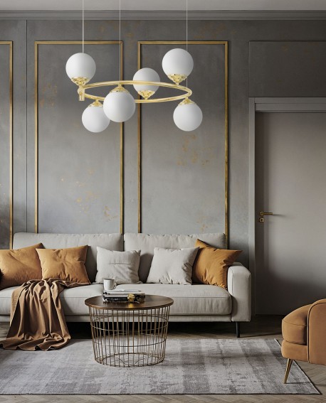 LAMPA WISZĄCA SUFITOWA ŻYRANDOL NOWOCZESNA ZŁOTO KLASYCZNE BIAŁE KULE FINO 6