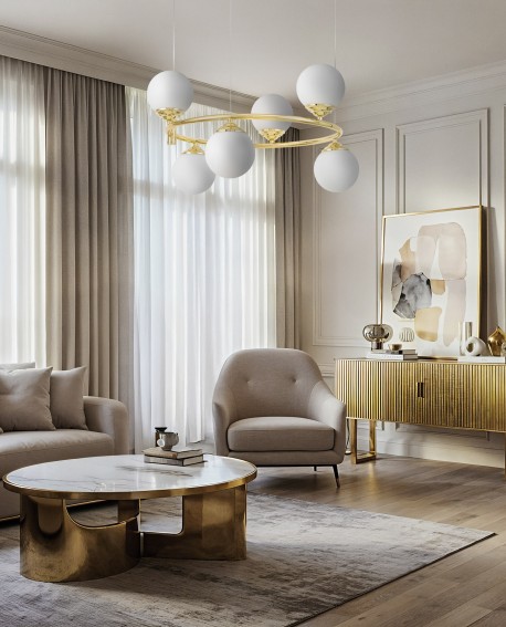 LAMPA WISZĄCA SUFITOWA ŻYRANDOL NOWOCZESNA ZŁOTO KLASYCZNE BIAŁE KULE FINO 6