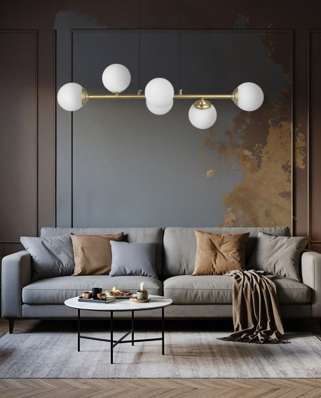 LAMPA WISZĄCA SUFITOWA NOWOCZESNA ZŁOTO SZCZOTKOWANE BIAŁE KULE FINO 6 LED