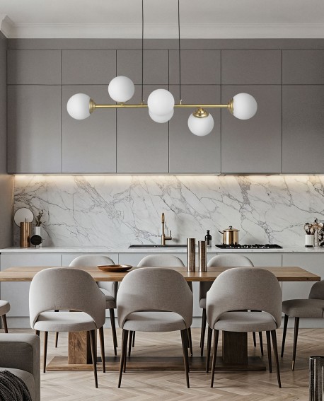 LAMPA WISZĄCA SUFITOWA NOWOCZESNA ZŁOTO SZCZOTKOWANE BIAŁE KULE FINO 6 LED