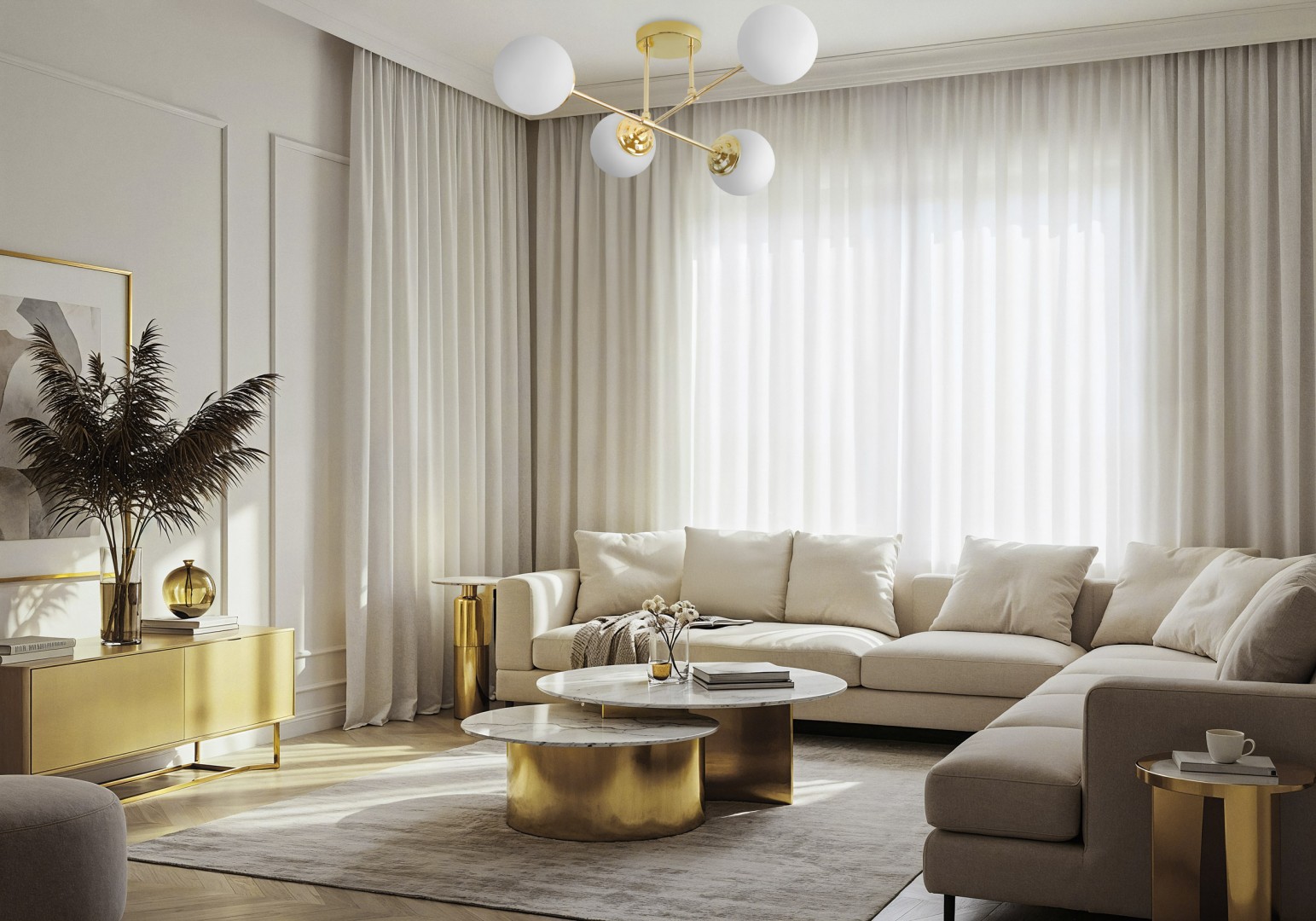 Lampa wisząca Fino 4 złoto w jasnym salonie, nowoczesne dekoracyjne oświetlenie pomieszczenia