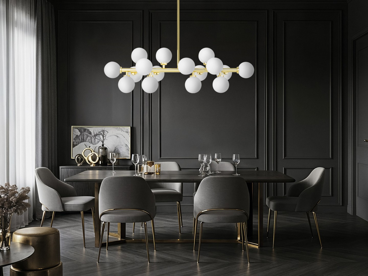 lampa petrica 16 w aranżacji beżowej z białymi kulami lumina deco