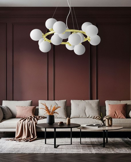 LAMPA WISZĄCA NOWOCZESNA ZŁOTO KLASYCZNE BIAŁE KULE MARSIADA 15 LUMINA DECO