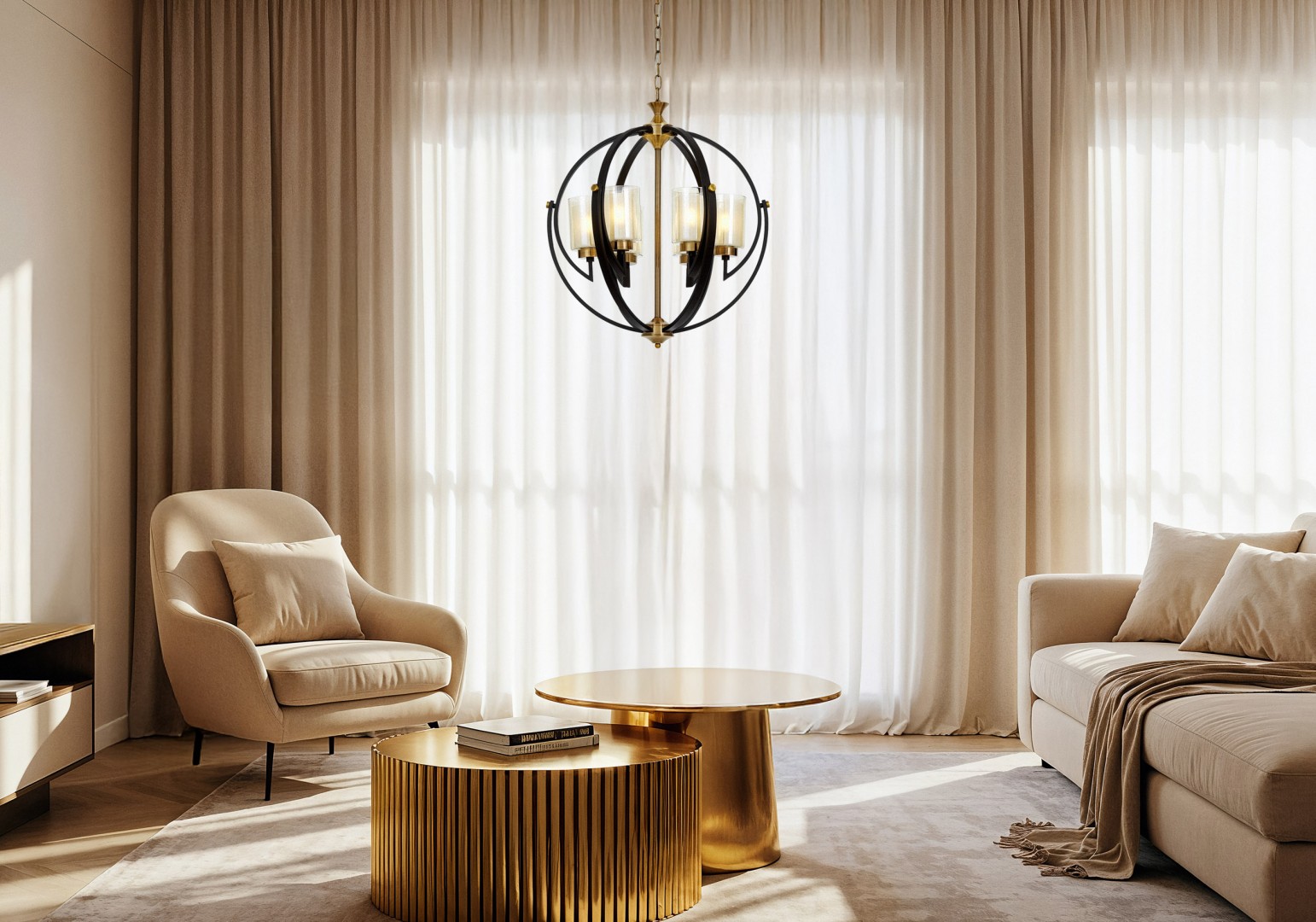 lampa wisząca loft czarno-złota szczotkowana bergen w6 lumina deco, wizualizacja w jasnym salonie