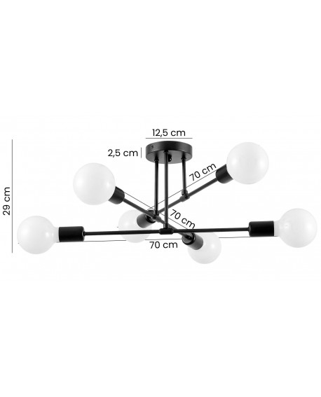 Lampa sufitowa Nova od Lampit z sześcioma mlecznymi kulami oraz opisanymi wymiarami idealna do nowoczesnych wnętrz