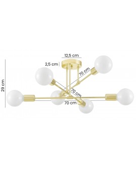 żyrandol sufitowy w kolorze złotym z sześcioma ramionami Nova o szerokości 70 cm