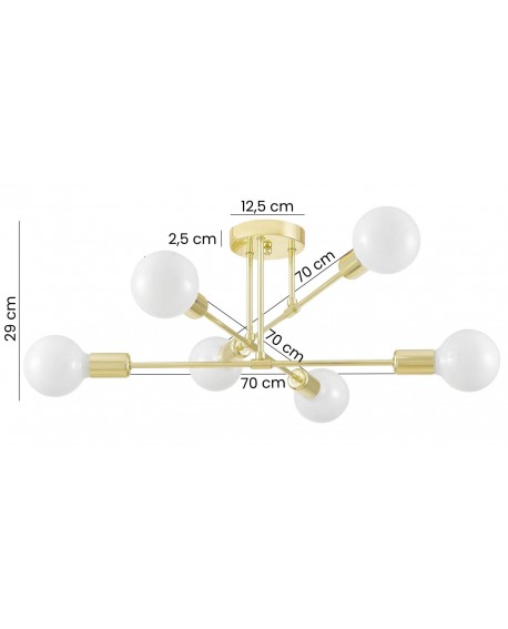 żyrandol sufitowy w kolorze złotym z sześcioma ramionami Nova o szerokości 70 cm