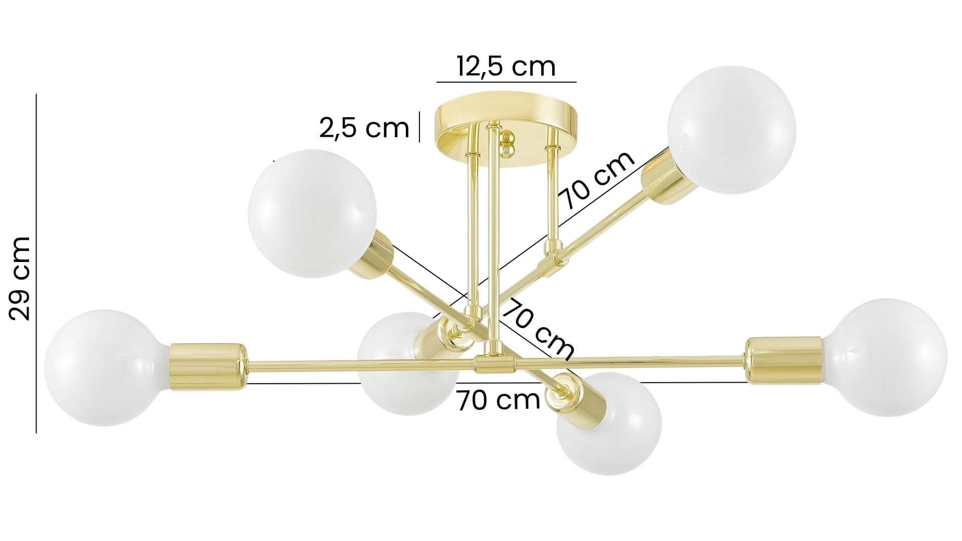 żyrandol sufitowy w kolorze złotym z sześcioma ramionami Nova o szerokości 70 cm