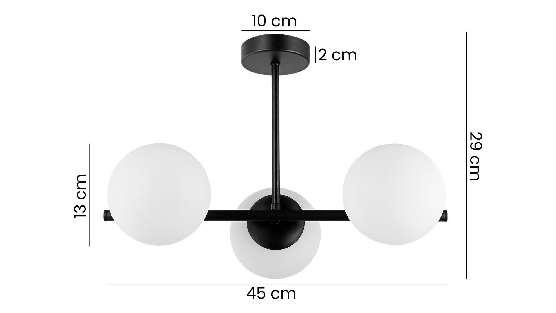 lampa sufitowa Lampit typu Ledo 3 z trzema kulami w czarnym stelażu pokazana z wymiarami 45 cm szerokości 29 cm wysokości