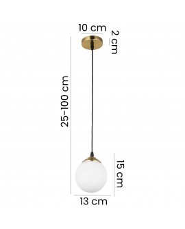 Wymiary wiszącej lampy Fino W1 LED ze szczotkowanym, złotym wykończeniem: regulacja wysokości 25–100 cm, średnica klosza 13 cm