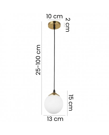 Wymiary wiszącej lampy Fino W1 LED ze szczotkowanym, złotym wykończeniem: regulacja wysokości 25–100 cm, średnica klosza 13 cm