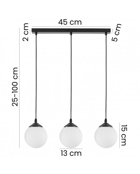 Wymiary lampa Fino W3 z trzema białymi szklanymi kulami na czarnym stelażu: szerokość lampy 45 cm, regulowana wysokość 25–100 cm