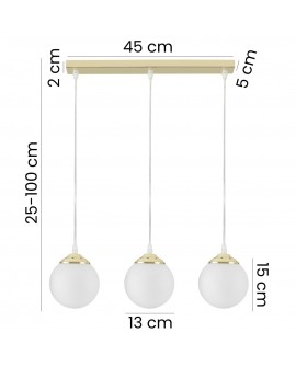 Wymiary lampa Fino W3 z trzema białymi szklanymi kulami na złotym stelażu: szerokość lampy 45 cm, regulowana wysokość 25–100 cm