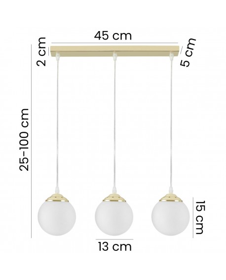 Wymiary lampa Fino W3 z trzema białymi szklanymi kulami na złotym stelażu: szerokość lampy 45 cm, regulowana wysokość 25–100 cm
